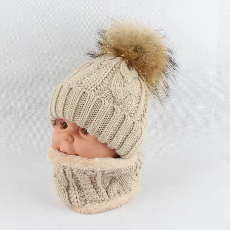 Children kids Winter Hat Scarf set Raccoon Fur Ball Hat Pom pom Beanies Baby Girls Warm Fleece Cap Scarf Set 21