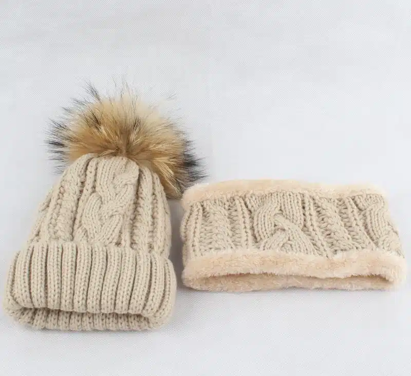 Children kids Winter Hat Scarf set Raccoon Fur Ball Hat Pom pom Beanies Baby Girls Warm Fleece Cap Scarf Set 22