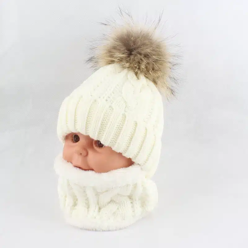Children kids Winter Hat Scarf set Raccoon Fur Ball Hat Pom pom Beanies Baby Girls Warm Fleece Cap Scarf Set 24