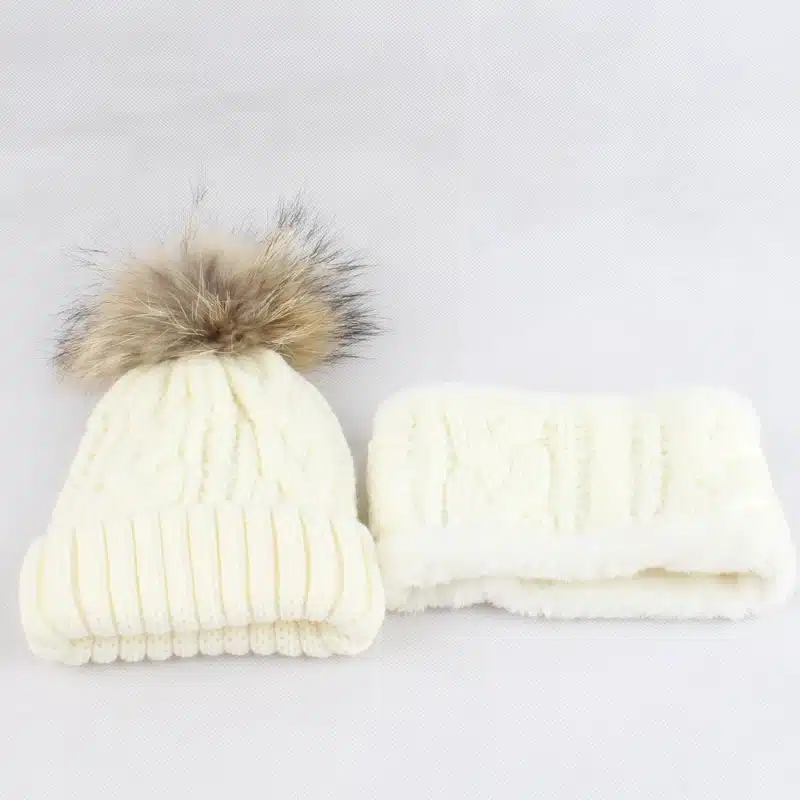 Children kids Winter Hat Scarf set Raccoon Fur Ball Hat Pom pom Beanies Baby Girls Warm Fleece Cap Scarf Set 25