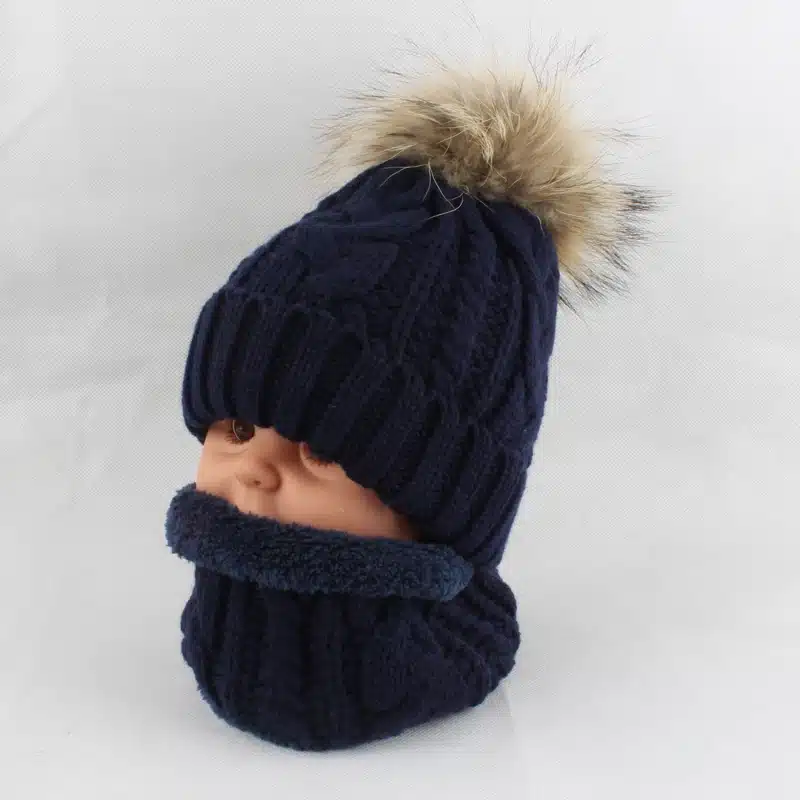 Children kids Winter Hat Scarf set Raccoon Fur Ball Hat Pom pom Beanies Baby Girls Warm Fleece Cap Scarf Set 26