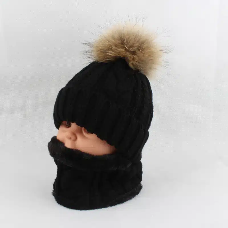 Children kids Winter Hat Scarf set Raccoon Fur Ball Hat Pom pom Beanies Baby Girls Warm Fleece Cap Scarf Set 30