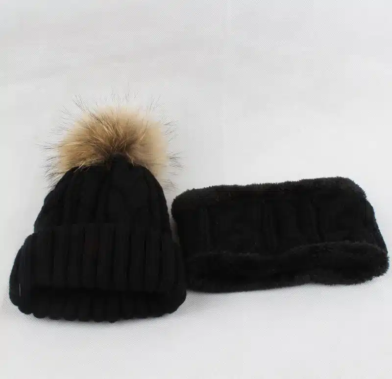 Children kids Winter Hat Scarf set Raccoon Fur Ball Hat Pom pom Beanies Baby Girls Warm Fleece Cap Scarf Set 31