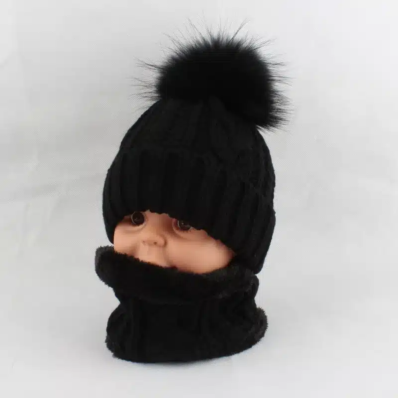 Children kids Winter Hat Scarf set Raccoon Fur Ball Hat Pom pom Beanies Baby Girls Warm Fleece Cap Scarf Set 32
