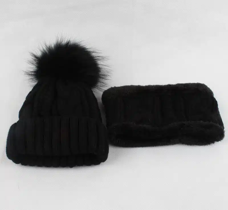 Children kids Winter Hat Scarf set Raccoon Fur Ball Hat Pom pom Beanies Baby Girls Warm Fleece Cap Scarf Set 33