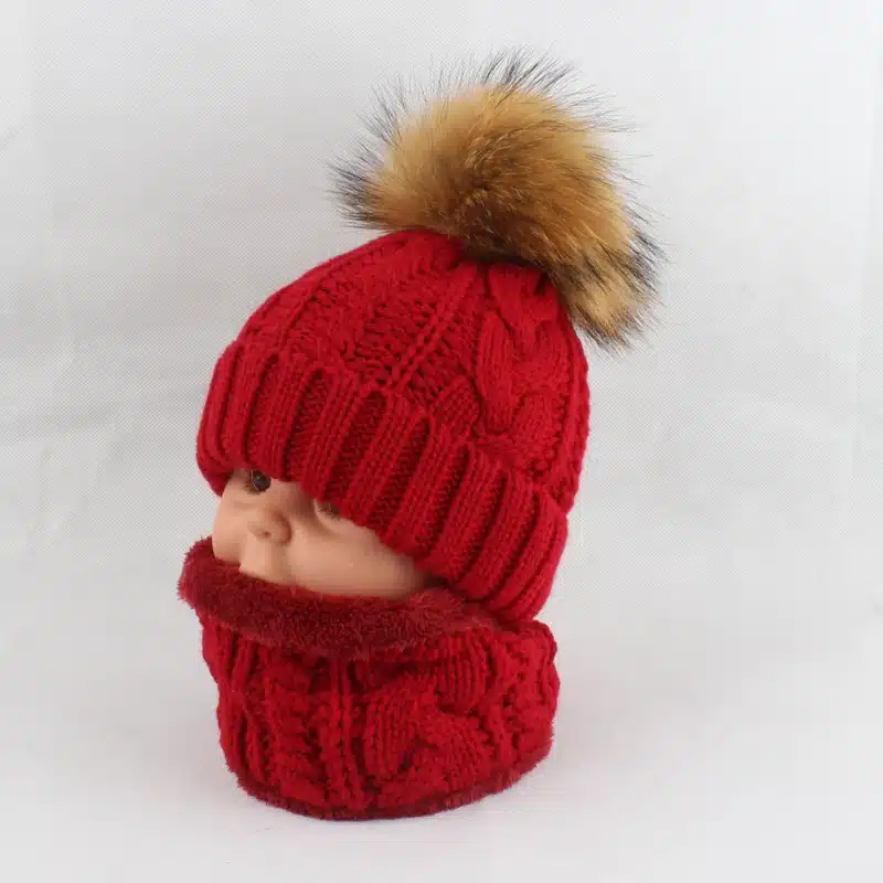 Children kids Winter Hat Scarf set Raccoon Fur Ball Hat Pom pom Beanies Baby Girls Warm Fleece Cap Scarf Set 34