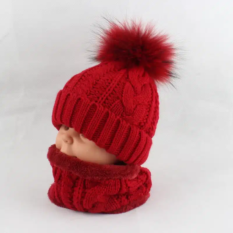 Children kids Winter Hat Scarf set Raccoon Fur Ball Hat Pom pom Beanies Baby Girls Warm Fleece Cap Scarf Set 36