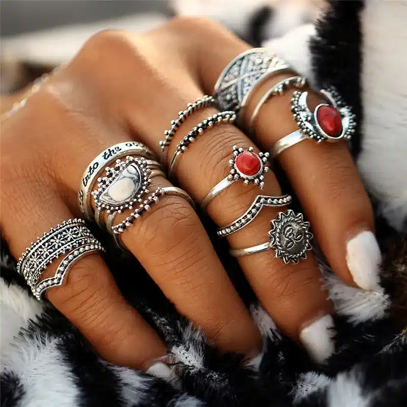 IF YOU 14PCs/Set Vintage Tibet Lucky Red Antique Artificial Stone Moon Knuckle Midi Ring Set for Women Punk Boho Rings Gifts 34