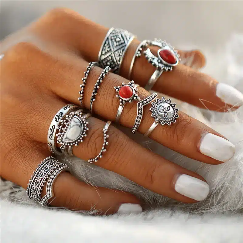 IF YOU 14PCs/Set Vintage Tibet Lucky Red Antique Artificial Stone Moon Knuckle Midi Ring Set for Women Punk Boho Rings Gifts 35