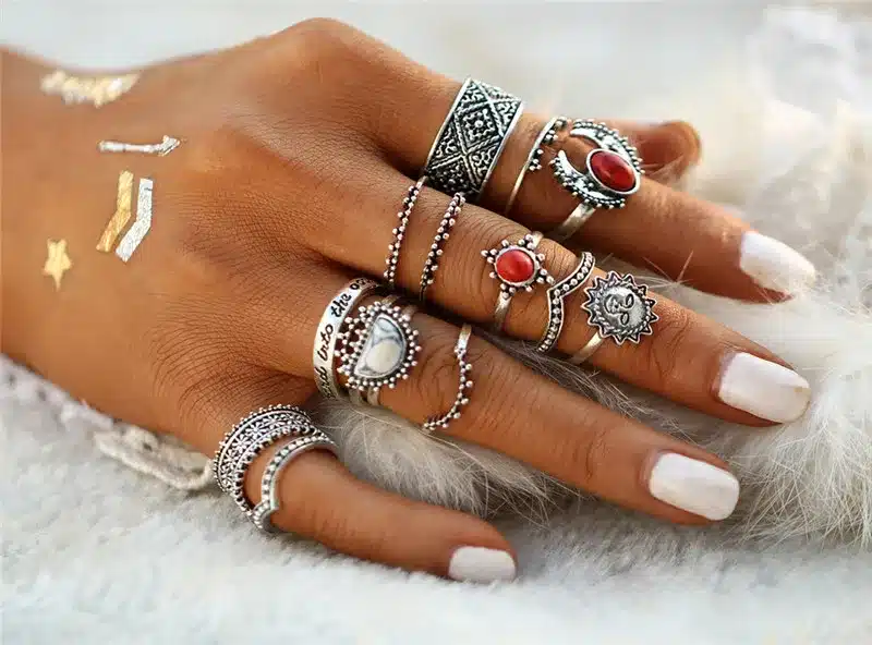 IF YOU 14PCs/Set Vintage Tibet Lucky Red Antique Artificial Stone Moon Knuckle Midi Ring Set for Women Punk Boho Rings Gifts 36