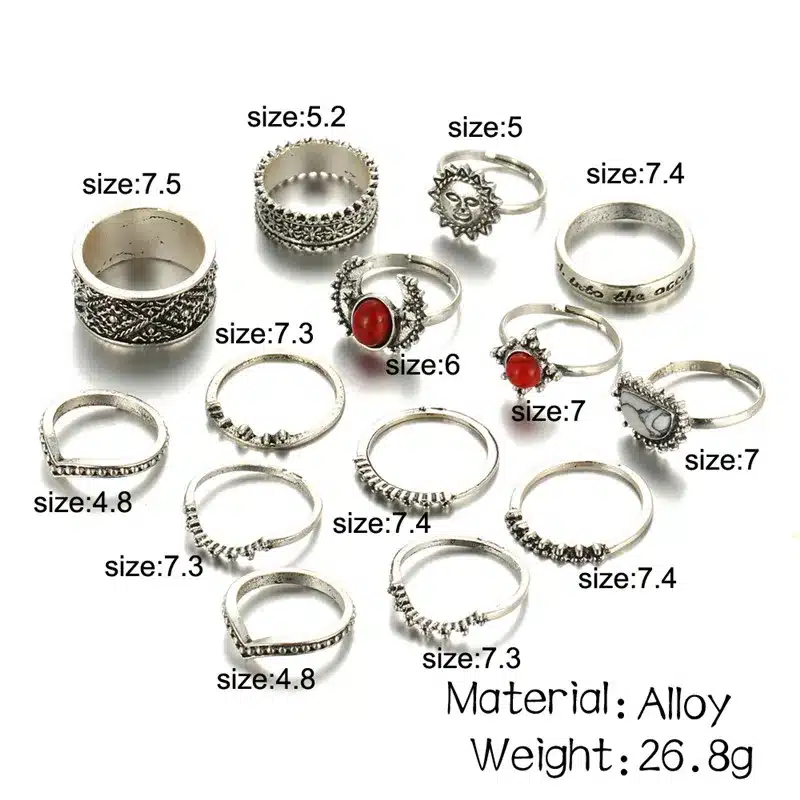 IF YOU 14PCs/Set Vintage Tibet Lucky Red Antique Artificial Stone Moon Knuckle Midi Ring Set for Women Punk Boho Rings Gifts 37