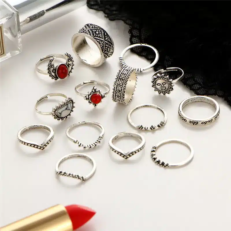 IF YOU 14PCs/Set Vintage Tibet Lucky Red Antique Artificial Stone Moon Knuckle Midi Ring Set for Women Punk Boho Rings Gifts 38