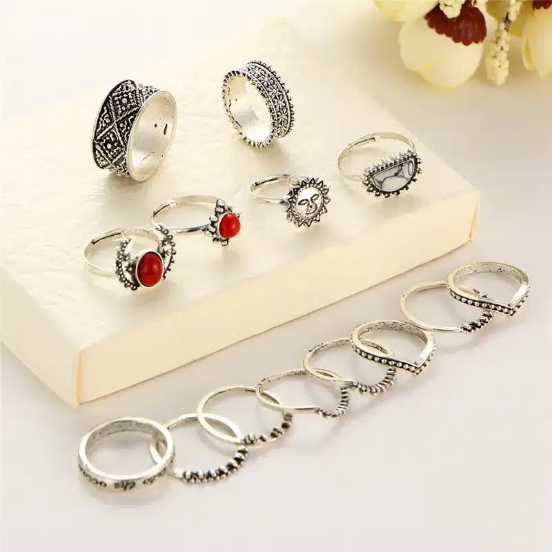 IF YOU 14PCs/Set Vintage Tibet Lucky Red Antique Artificial Stone Moon Knuckle Midi Ring Set for Women Punk Boho Rings Gifts 39