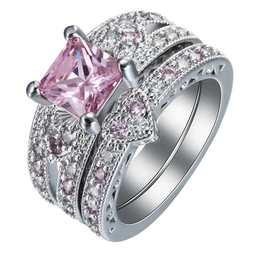 silver plated ring set heart shape black gold color ring pink blue green cz paved white zircon cut modern design rings jewelry 9
