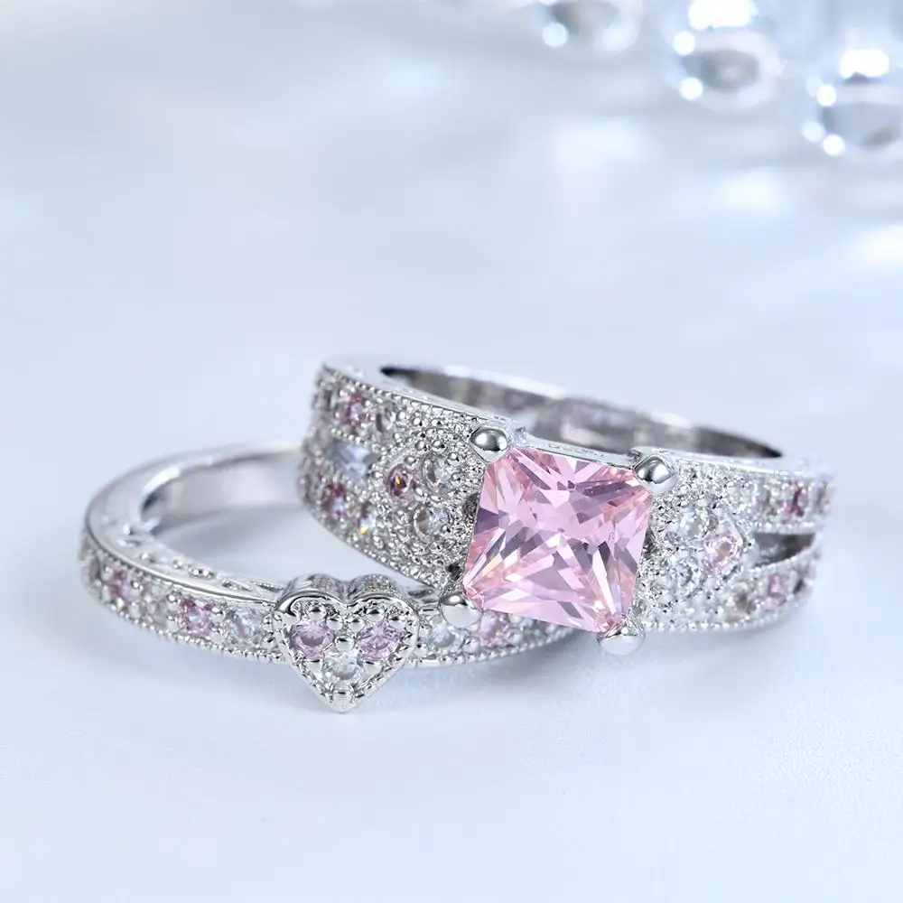 silver plated ring set heart shape black gold color ring pink blue green cz paved white zircon cut modern design rings jewelry 10