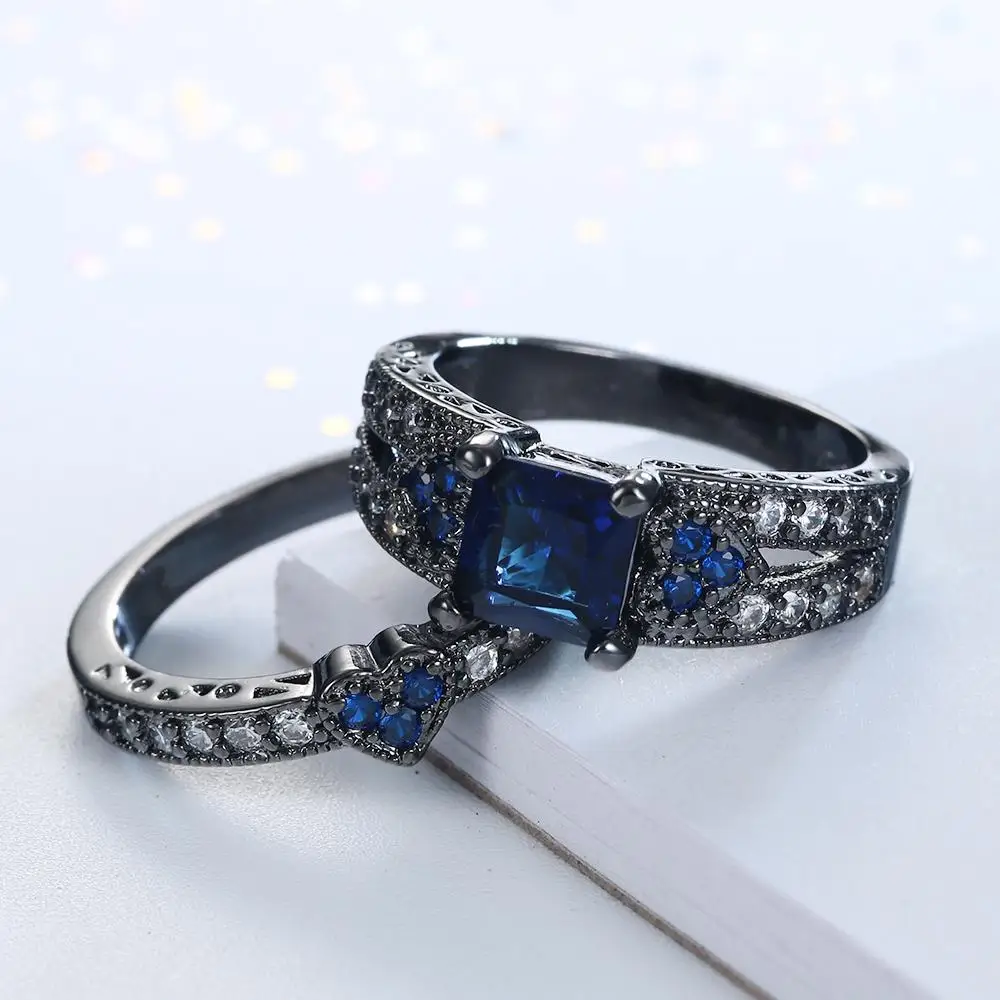 silver plated ring set heart shape black gold color ring pink blue green cz paved white zircon cut modern design rings jewelry 11