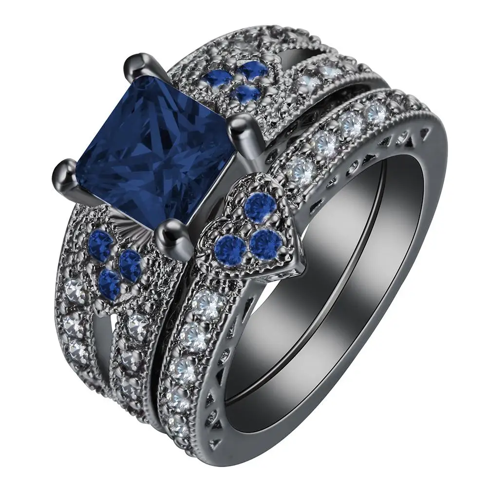 silver plated ring set heart shape black gold color ring pink blue green cz paved white zircon cut modern design rings jewelry 12