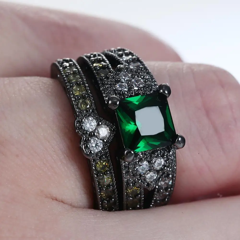 silver plated ring set heart shape black gold color ring pink blue green cz paved white zircon cut modern design rings jewelry 13