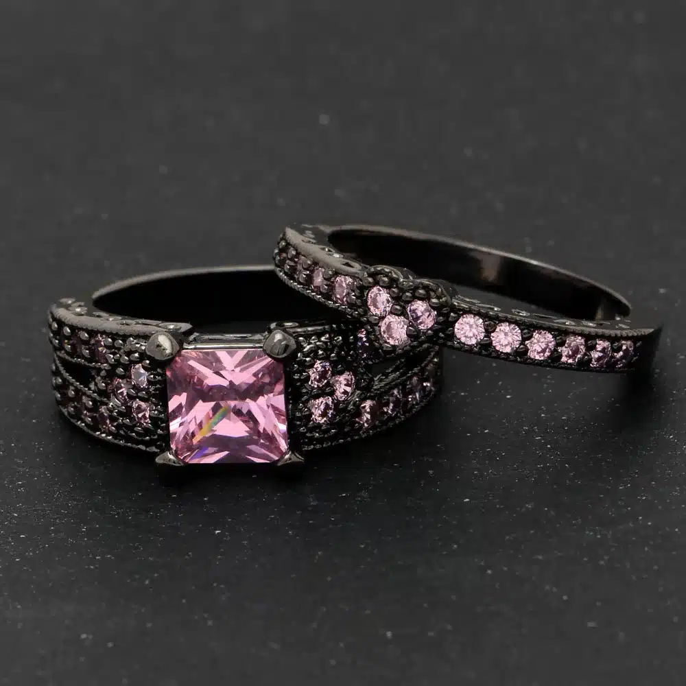 silver plated ring set heart shape black gold color ring pink blue green cz paved white zircon cut modern design rings jewelry 16