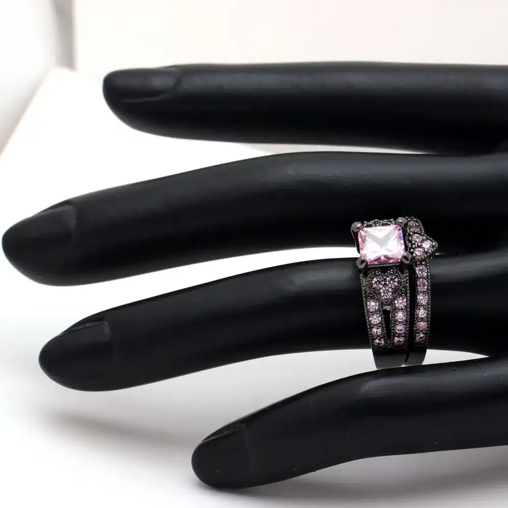 silver plated ring set heart shape black gold color ring pink blue green cz paved white zircon cut modern design rings jewelry 18