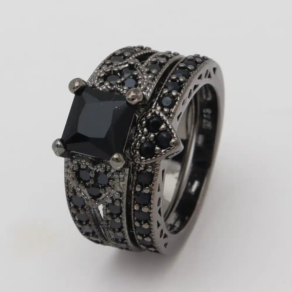 silver plated ring set heart shape black gold color ring pink blue green cz paved white zircon cut modern design rings jewelry 19