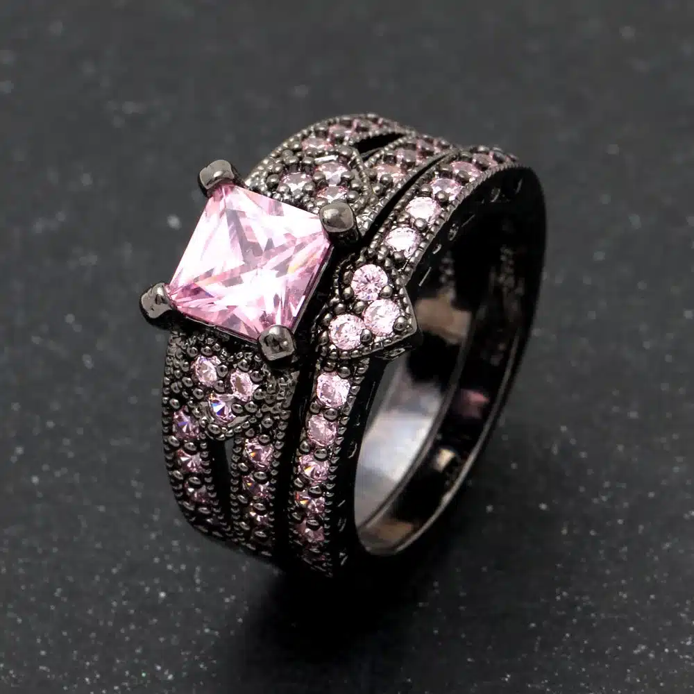 silver plated ring set heart shape black gold color ring pink blue green cz paved white zircon cut modern design rings jewelry 22