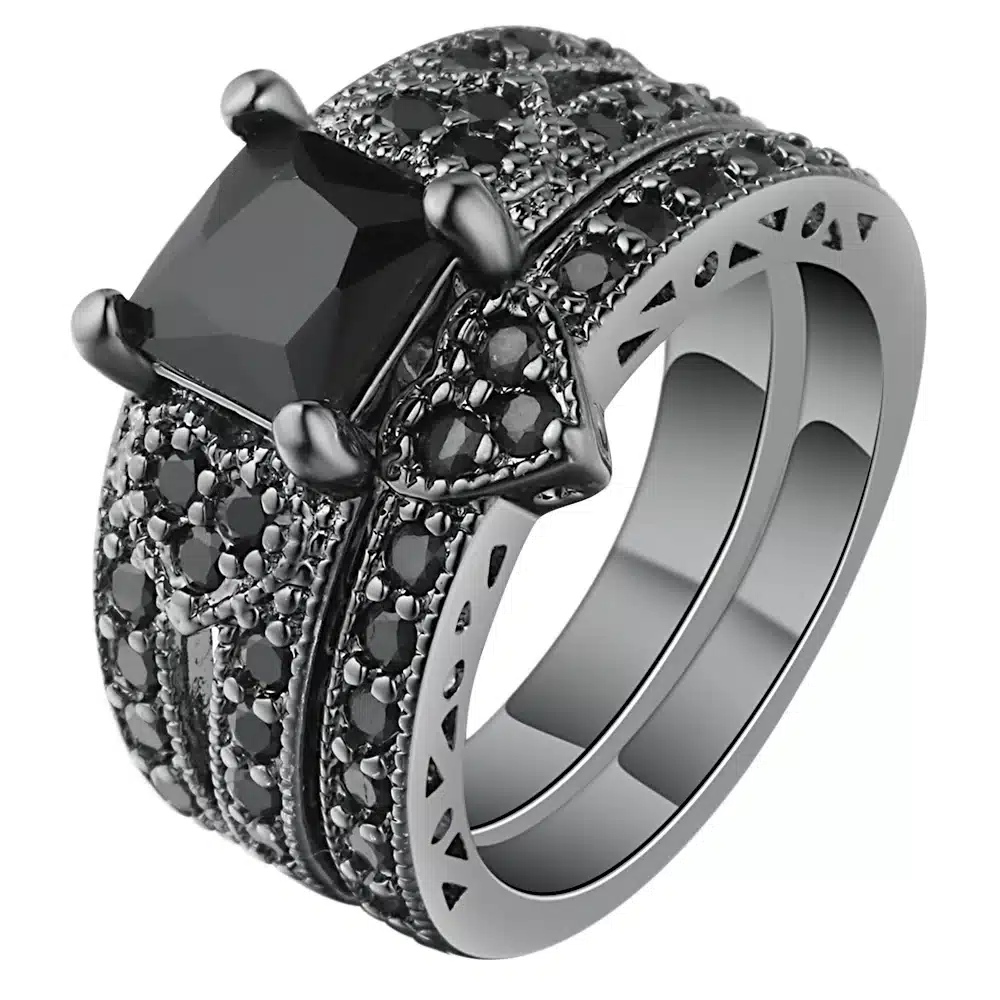 silver plated ring set heart shape black gold color ring pink blue green cz paved white zircon cut modern design rings jewelry 23