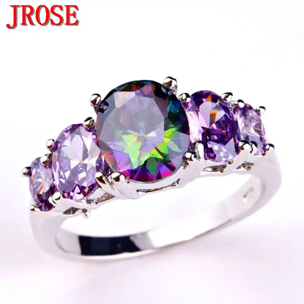 JROSE Women Fashion Mysterious Purple Rainbow CZ Silver Plated Ring Size 6789 10 11 12 13 Engagement Jewelry Wholesale New Gifts 11