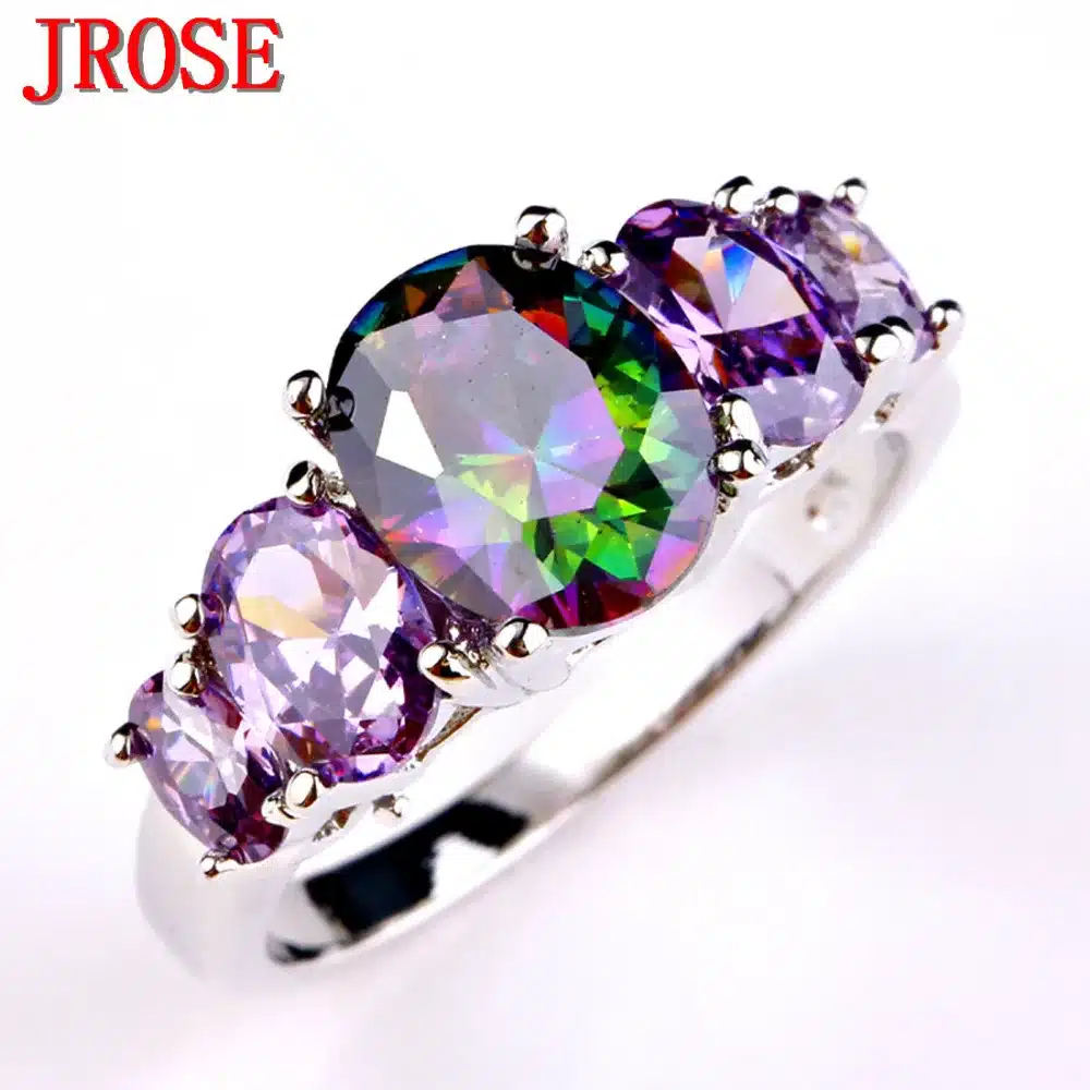 JROSE Women Fashion Mysterious Purple Rainbow CZ Silver Plated Ring Size 6789 10 11 12 13 Engagement Jewelry Wholesale New Gifts 12