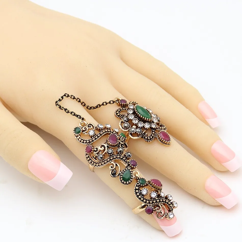 Vintage Flower Turkish Rings Adjustable Size Women Colorful Resin Antique Gold Jewelry Link Two Fingers Ring Festival Anillos 3