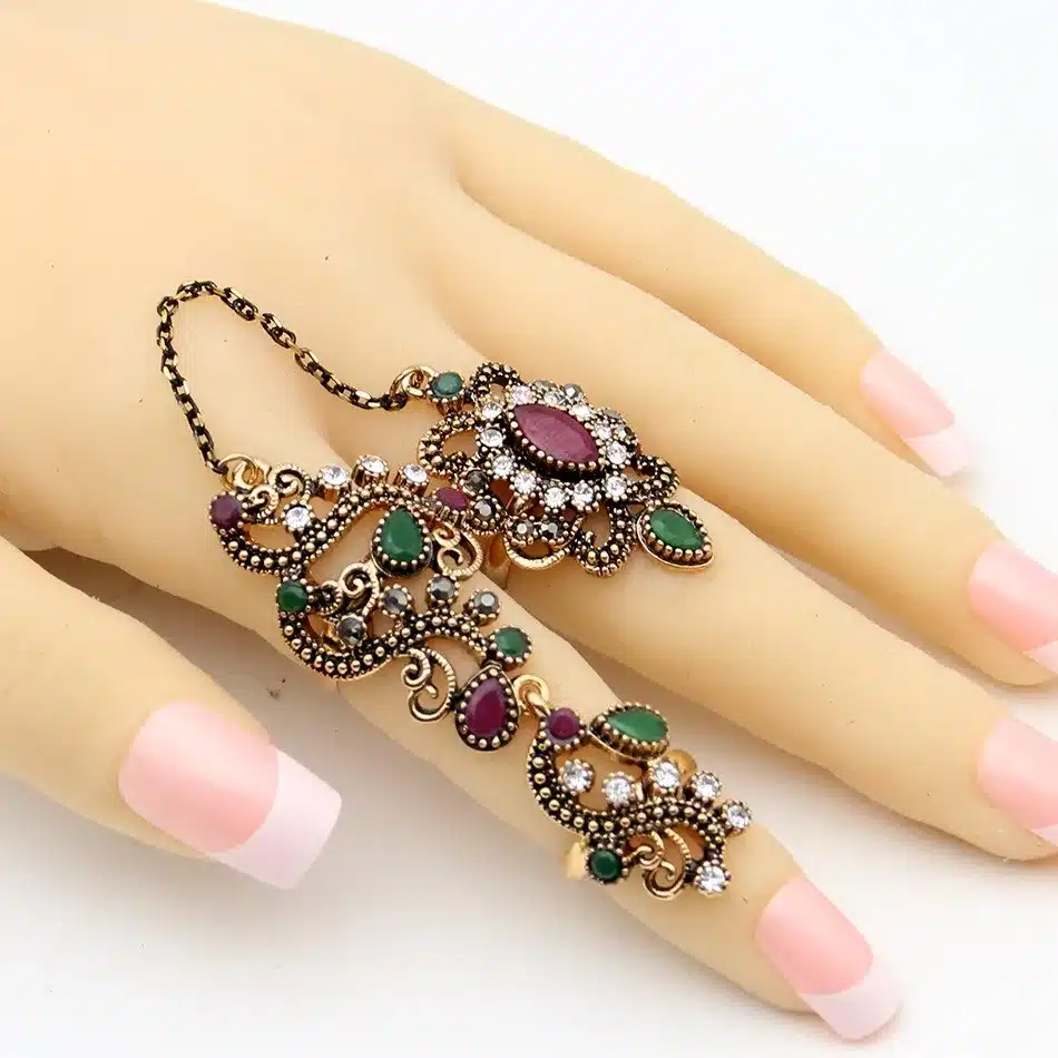 Vintage Flower Turkish Rings Adjustable Size Women Colorful Resin Antique Gold Jewelry Link Two Fingers Ring Festival Anillos 4