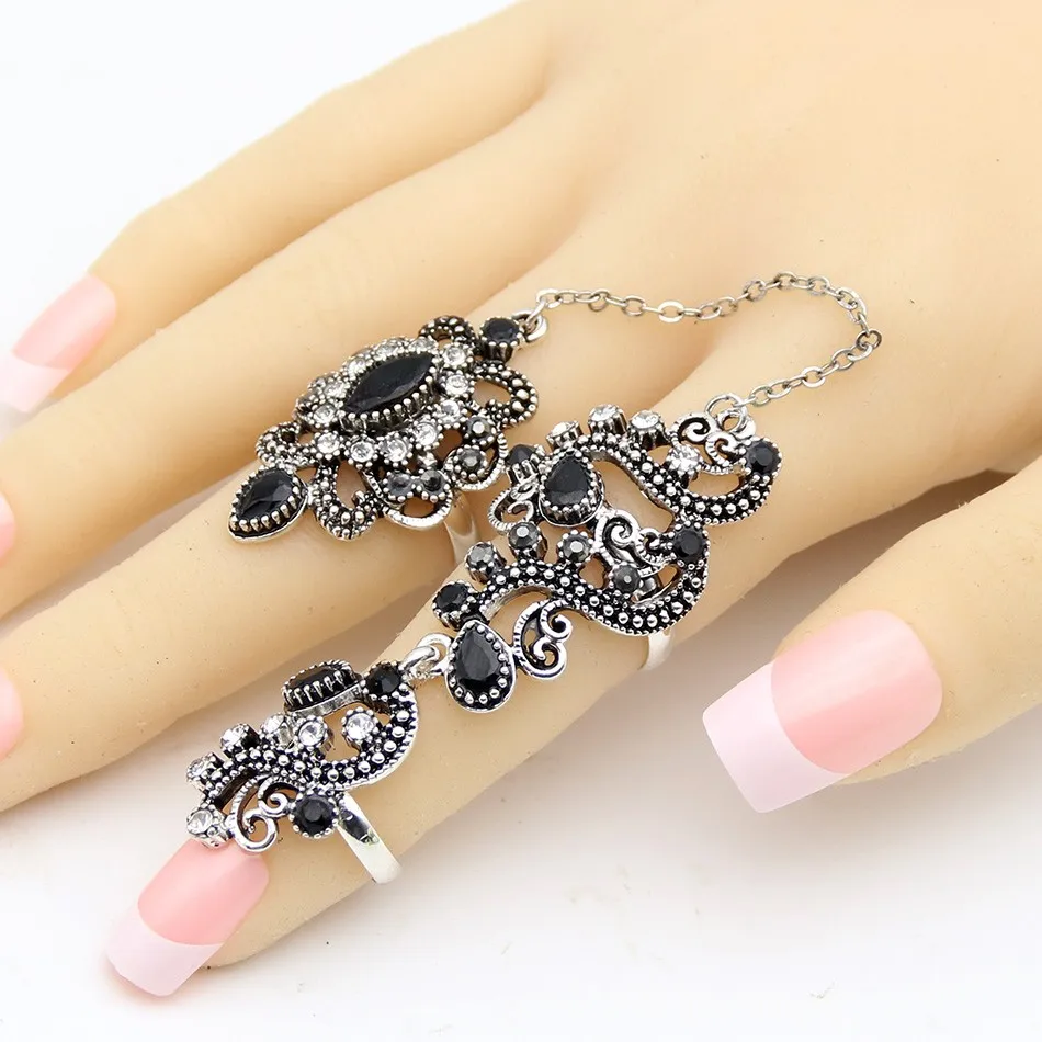 Vintage Flower Turkish Rings Adjustable Size Women Colorful Resin Antique Gold Jewelry Link Two Fingers Ring Festival Anillos 5
