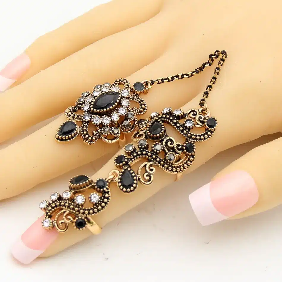 Vintage Flower Turkish Rings Adjustable Size Women Colorful Resin Antique Gold Jewelry Link Two Fingers Ring Festival Anillos 6