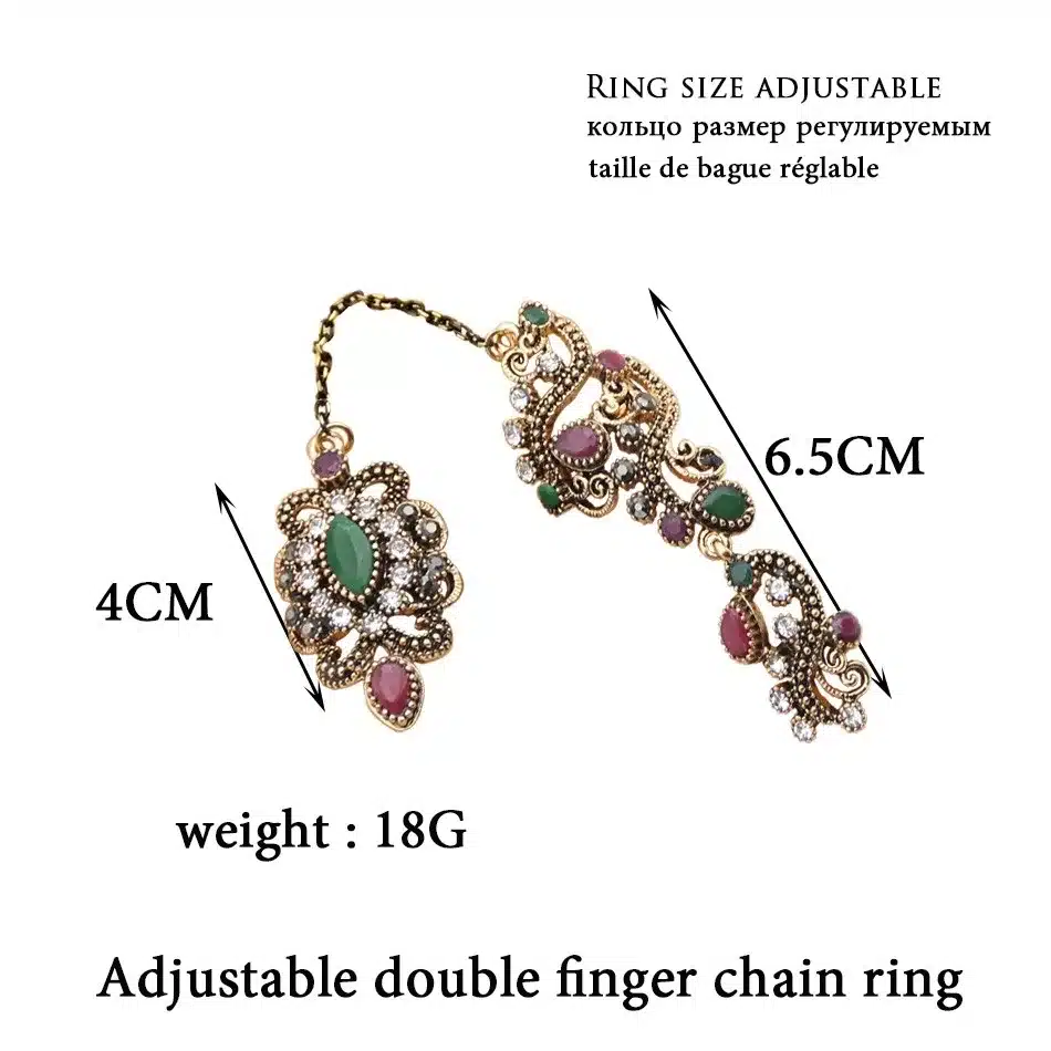 Vintage Flower Turkish Rings Adjustable Size Women Colorful Resin Antique Gold Jewelry Link Two Fingers Ring Festival Anillos 9