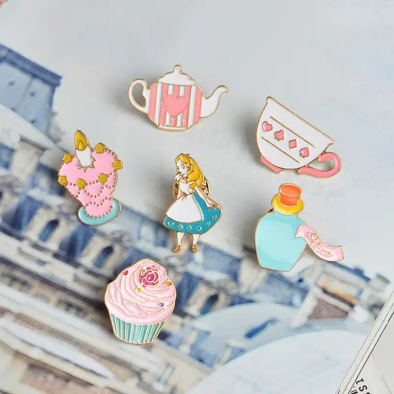 14 pcs/set Fairy Alice Hat Cake Castle Heart Crown Candle Syrup Rabbit Clock Cat Kitten Brooch Button Pins Jacket Badge Jewelry 16