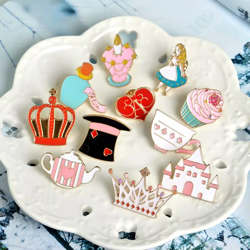 14 pcs/set Fairy Alice Hat Cake Castle Heart Crown Candle Syrup Rabbit Clock Cat Kitten Brooch Button Pins Jacket Badge Jewelry 17