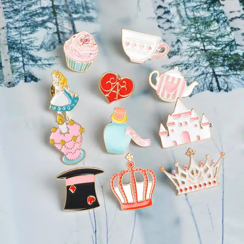 14 pcs/set Fairy Alice Hat Cake Castle Heart Crown Candle Syrup Rabbit Clock Cat Kitten Brooch Button Pins Jacket Badge Jewelry 18