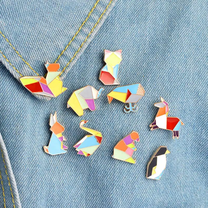 QIHE JEWELRY 9pcs/set Origami Animal Lapel Pin Enamel Pins Elephant Rabbit Bunny Bear Squirrel Whale Pony Penguin Fox Design 16