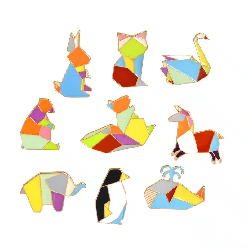 QIHE JEWELRY 9pcs/set Origami Animal Lapel Pin Enamel Pins Elephant Rabbit Bunny Bear Squirrel Whale Pony Penguin Fox Design 21