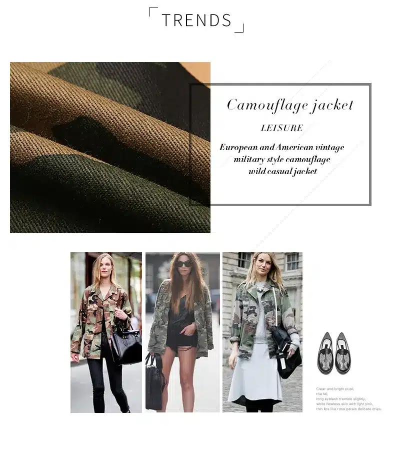 HDY Haoduoyi 2016 Fashion Women Loose Camouflage Coat Stand Collar Pocket Long Sleeve Zipper Outwear Jacket 6