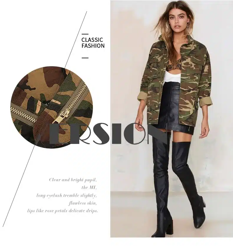 HDY Haoduoyi 2016 Fashion Women Loose Camouflage Coat Stand Collar Pocket Long Sleeve Zipper Outwear Jacket 7