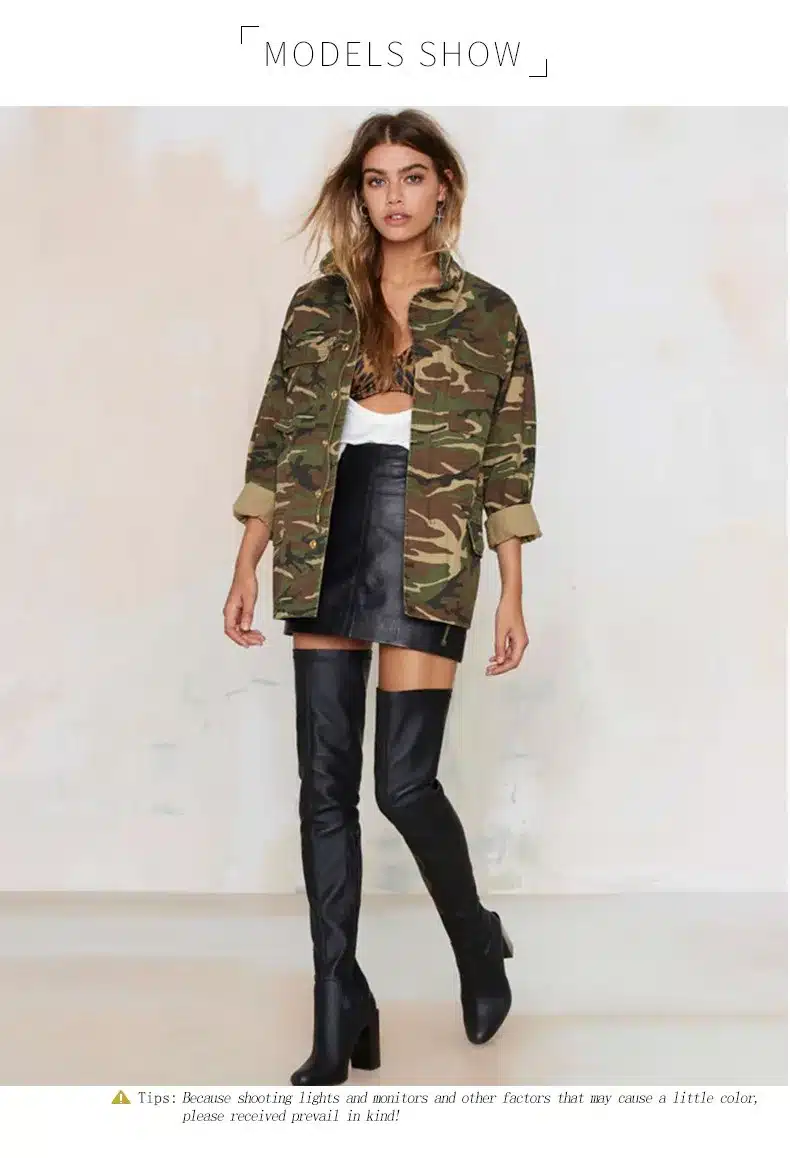 HDY Haoduoyi 2016 Fashion Women Loose Camouflage Coat Stand Collar Pocket Long Sleeve Zipper Outwear Jacket 9