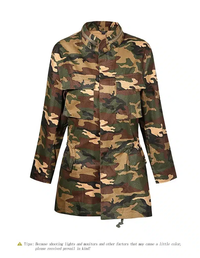 HDY Haoduoyi 2016 Fashion Women Loose Camouflage Coat Stand Collar Pocket Long Sleeve Zipper Outwear Jacket 11