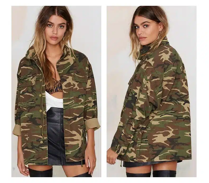 HDY Haoduoyi 2016 Fashion Women Loose Camouflage Coat Stand Collar Pocket Long Sleeve Zipper Outwear Jacket 12