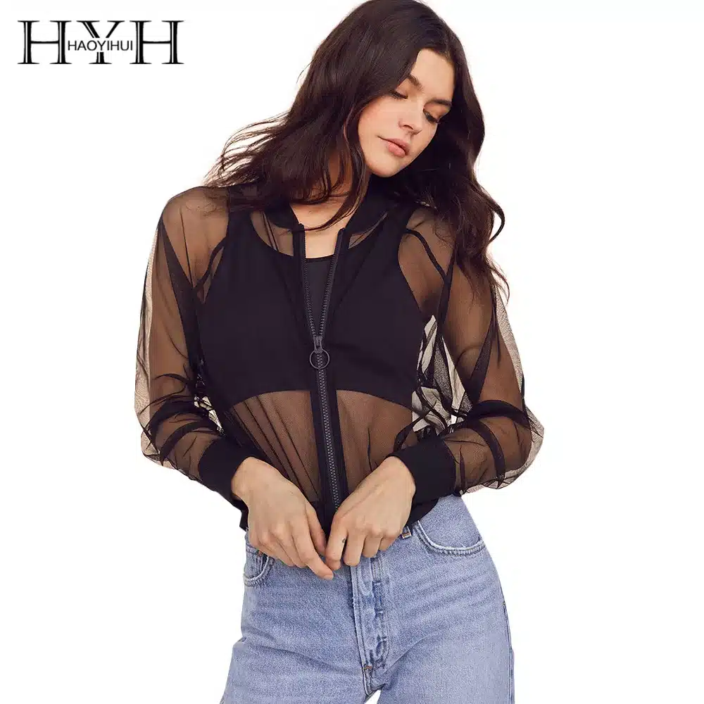 HYH HAOYIHUI Sexy Transparent Mesh Sheer Jackets 2017 Summer Thin Long Sleeve Brief Outwears Women Coat Zipper Beachwear Coats 5