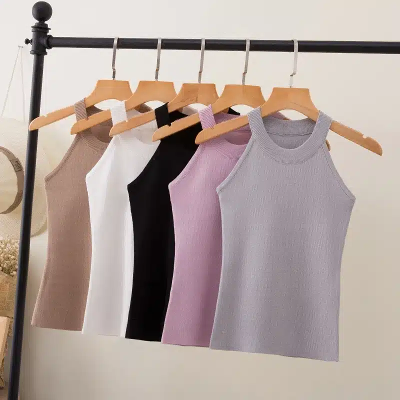 Summer Women Slim Knitting Halter Camisole Tops Female Bodycon Knitted Tanks Sleeveless Basic Solid T shirts 8017 2