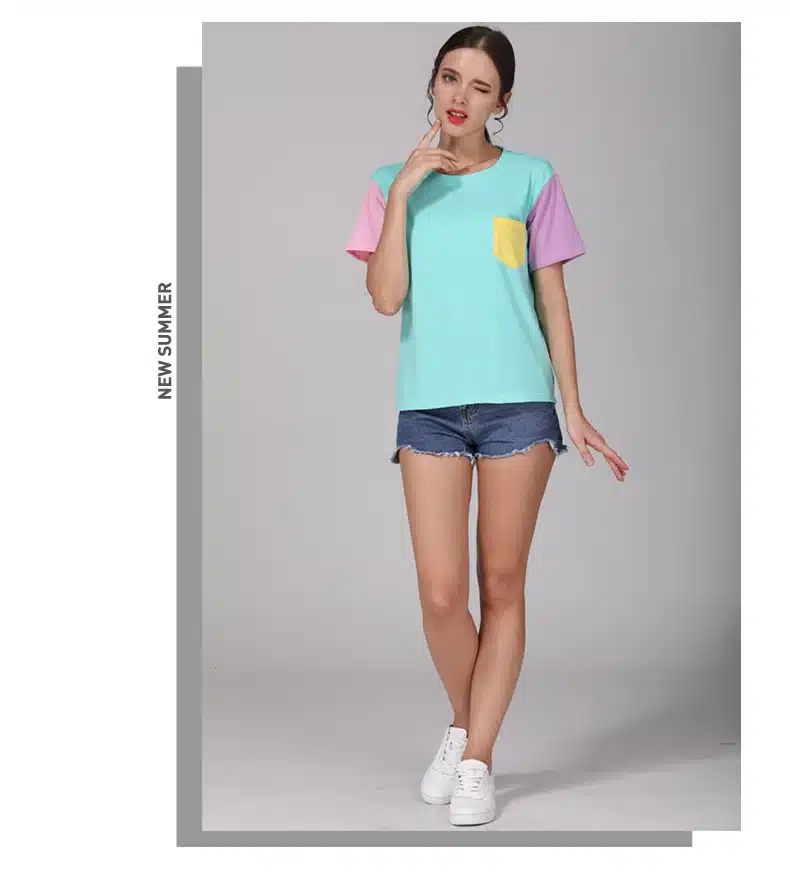 2017 Summer Style Fashion Women Harajuku Patchwork T Shirts Kawaii Casual Cotton Spell Color Patchwork De Mujer Free Shipping 6