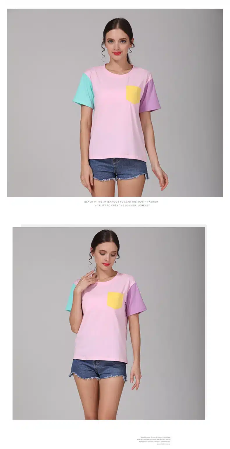 2017 Summer Style Fashion Women Harajuku Patchwork T Shirts Kawaii Casual Cotton Spell Color Patchwork De Mujer Free Shipping 8