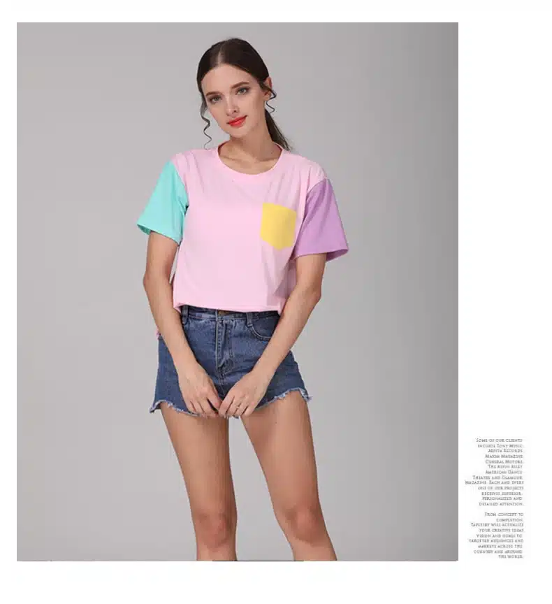 2017 Summer Style Fashion Women Harajuku Patchwork T Shirts Kawaii Casual Cotton Spell Color Patchwork De Mujer Free Shipping 9
