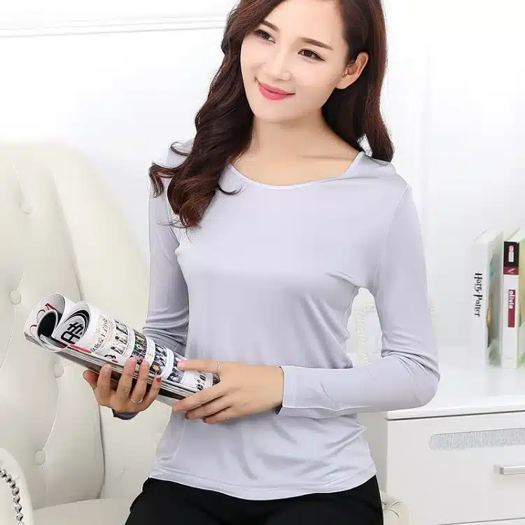100% Pure Silk Women's T-shirts Femme Long Sleeve Casual Tees T Shirt Tops Female O-Neck Women T-shirt For Woman Candy 7 Colors 11